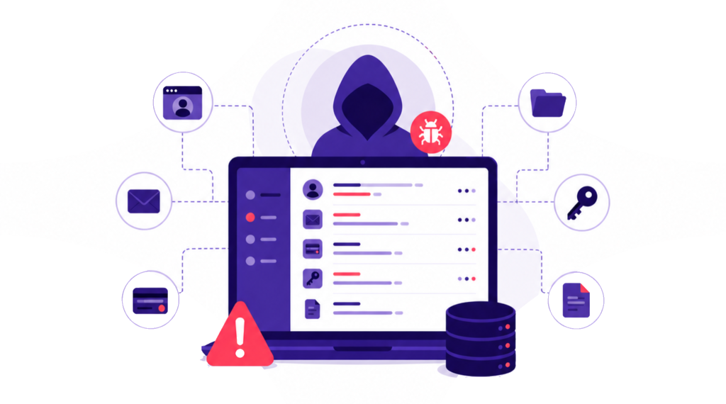 Illustration showing a hacker behind a laptop with exposed digital information, accounts, emails, credentials, files, and security alerts.